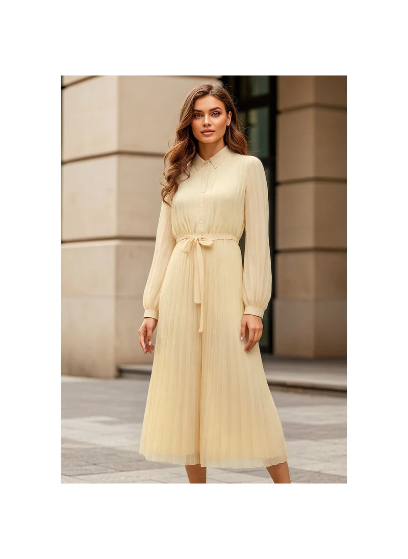 فاف Pleated Midi Dress with Collar and Tie-Up Belt