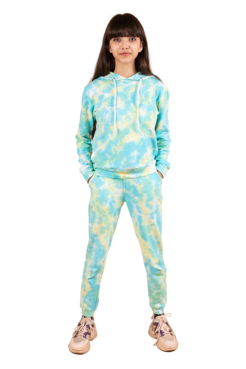 Tweeny Mini Kids Girls Cotton Terry Tie Dye Hoodie Sweatshirts | Joggers Set | Co-ord Set | Tracksuit Combo Set Full Sleeves for Winter Wear (6-7 Years, Lemon Green) - Image 1