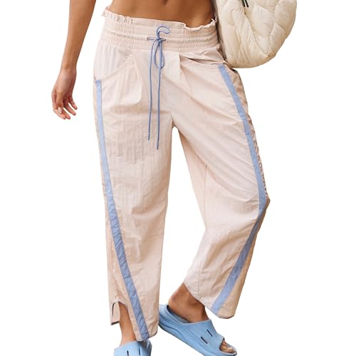 SeeLuNa Causal Wide Leg Pants Woman Drawstring Elastic Waist High Rise Strip Flowy Long Lounge Trousers Baggy Track Pants(Beige,XS) - Image 1
