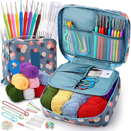 LOKUNN Crochet Kit for Beginners, 102 PCS Crocheting Kit Beginner, Crochet Starter Set with Crochet Yarn for Adults (Blue) - Image 1