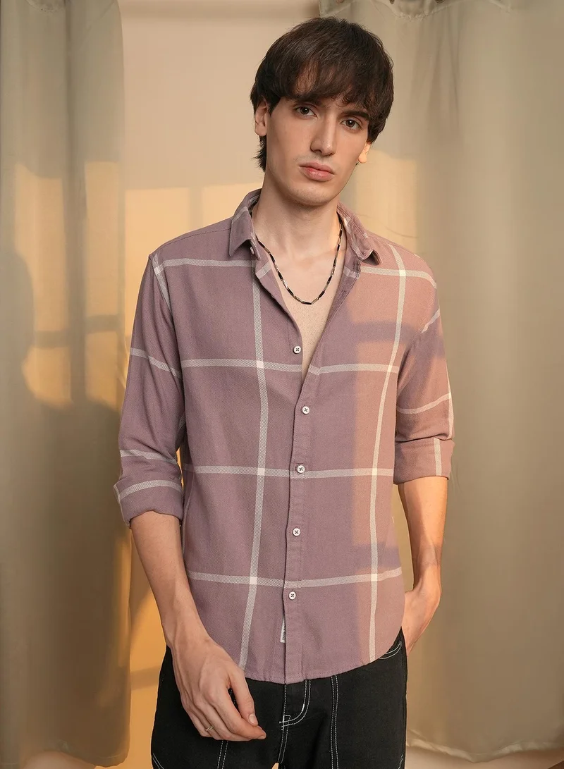 كامبوس سوترا Men's Nude Pink Maxi-Graph Check Shirt For Casual Wear | Spread Collar | Long Sleeve | Button Closure | Shirt Crafted With Comfort Fit For Everyday Wear