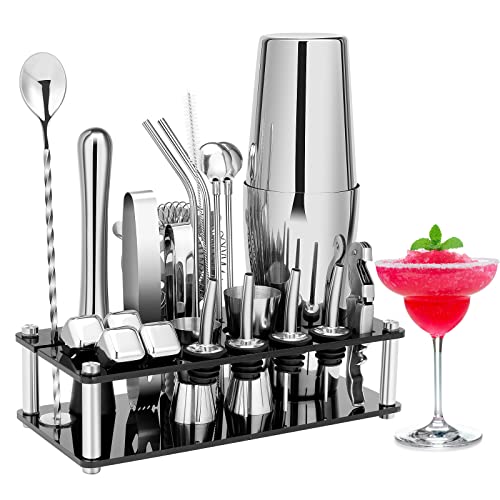 KINGROW Cocktail Shaker Set, 23-Piece Boston Stainless Steel Bartender Kit with Acrylic Stand & Cocktail Recipes Booklet, Professional Bar Tools for Drink Mixing, Home, Bar, Party (Include 4 Whiskey Stones) - Image 1