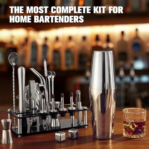 KINGROW Cocktail Shaker Set, 23-Piece Boston Stainless Steel Bartender Kit with Acrylic Stand & Cocktail Recipes Booklet, Professional Bar Tools for Drink Mixing, Home, Bar, Party (Include 4 Whiskey Stones) - Image 2
