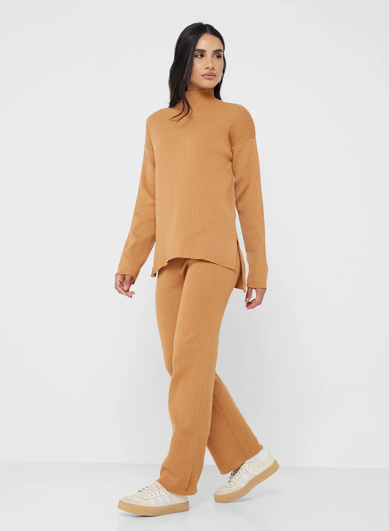 جينجر بيسيكس High Neck Relaxed Fit Wool Blend Sweater & Pant Coord Set