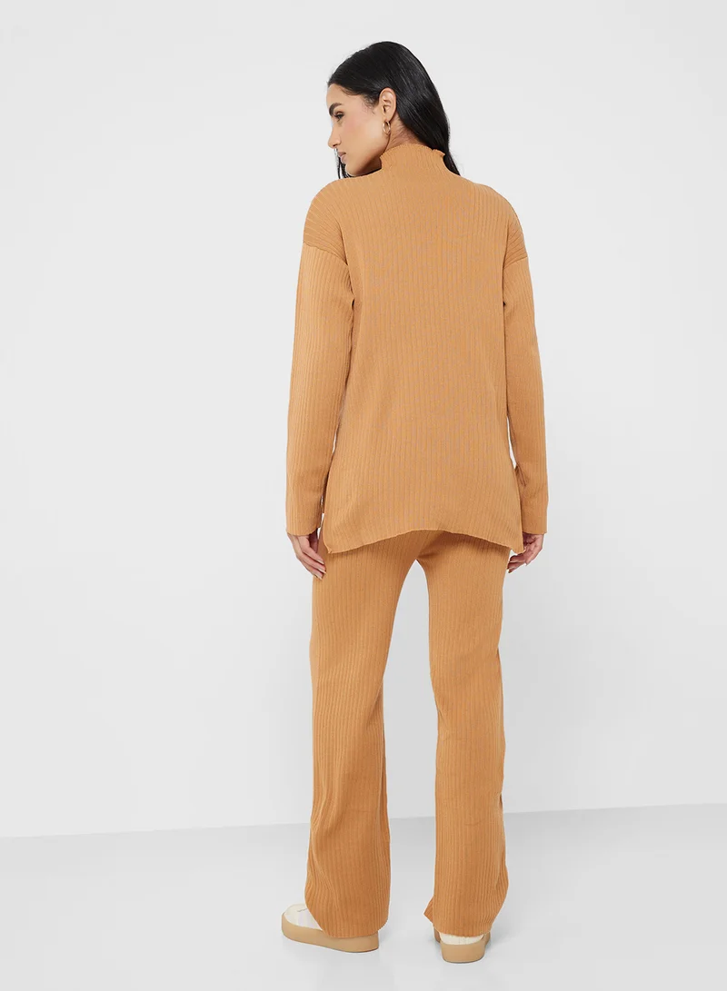 جينجر بيسيكس High Neck Relaxed Fit Wool Blend Sweater & Pant Coord Set