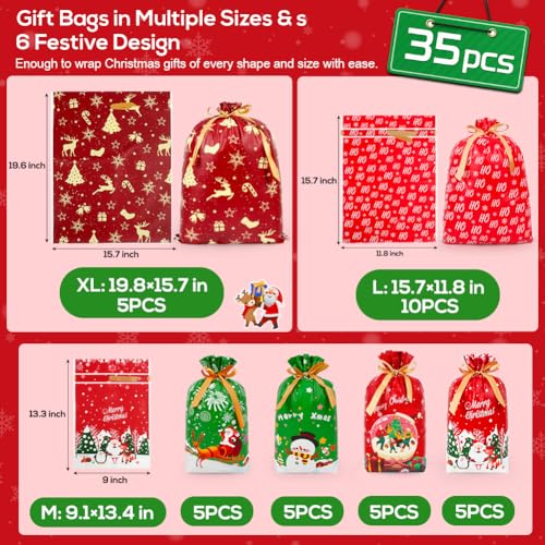 Shintop 35PCS Christmas Drawstring Gift Bags Assorted Sizes Xmas Wrapping Bags Expandable Bottoms Reusable PE Holiday Presents Sacks for Party Favors and Decorations Jumbo Large Medium - Image 3