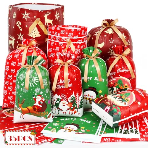 Shintop 35PCS Christmas Drawstring Gift Bags Assorted Sizes Xmas Wrapping Bags Expandable Bottoms Reusable PE Holiday Presents Sacks for Party Favors and Decorations Jumbo Large Medium - Image 1