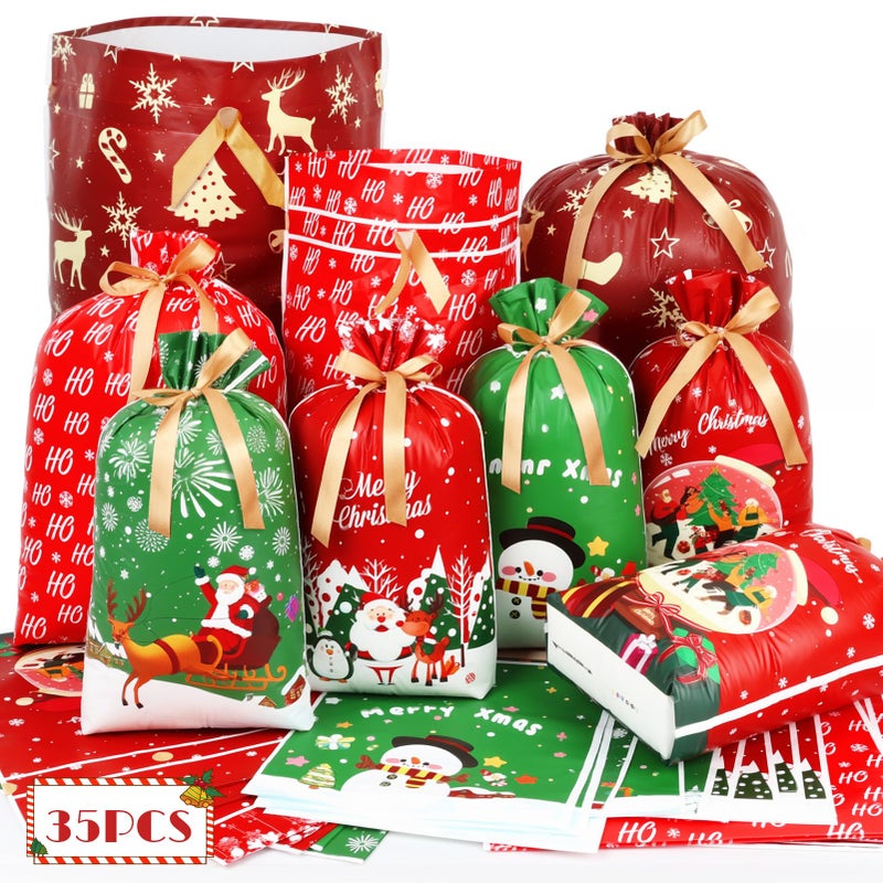 Shintop 35PCS Christmas Drawstring Gift Bags Assorted Sizes Xmas Wrapping Bags Expandable Bottoms Reusable PE Holiday Presents Sacks for Party Favors and Decorations Jumbo Large Medium - Image 2