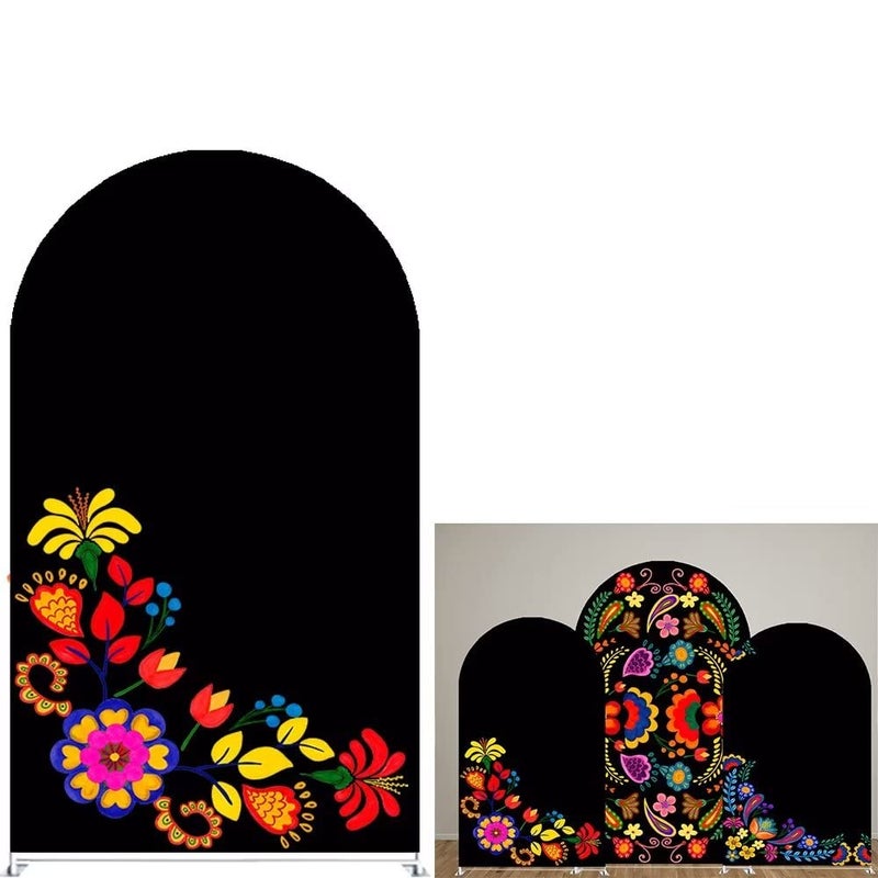 FiVan Spandex Arch Covers Stretchy Curved Backdrop Mexico Flower Black Background Cover for Day of The Dead Festival Decoration (Width=48"(120cm),Height=85"(210cm),FUS-Arch-GX-1045) - Image 1