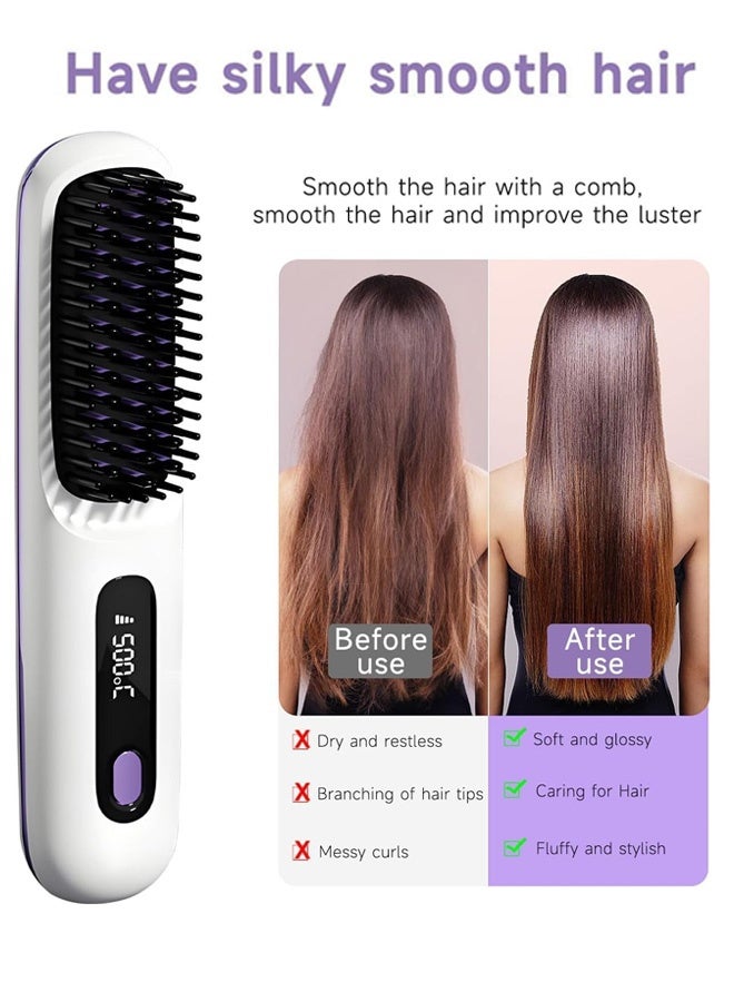 Hair Styling Brush, Multifunctional Cordless Electric Hot Comb, Durable LCD Display Straightening Brush, Portable Hair Straightening Iron Brush with 3 Heating Settings, USB Charging, Hair Accessories，Air Styler | Powerful Unisex Hairbrush | For Shiny Hair - White/Black，FM-LCD Wireless Ceramic Heated Straightening Comb - Image 1