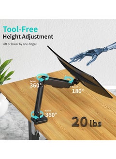 Meiyilan 17-32 inch Monitor Stand, Single Monitor Arm Computer Desk Mount, with Gas Struts Adjustable Monitor Stands for Universal Flat/Curved Screen, Holds up to 20 lbs with Clamp/Grommet Base  - Image 3