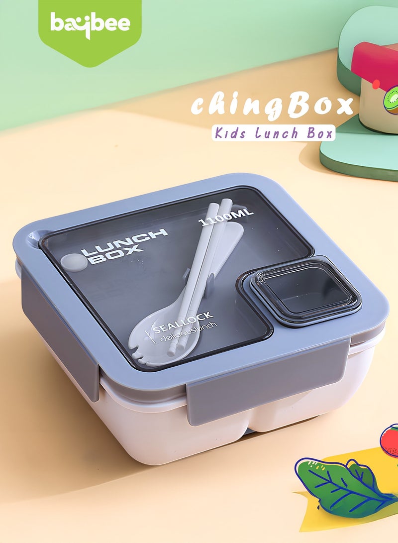 BAYBEE 1100 ML Kids Lunch Box for Adults With 2 in 1 Spoon & Chopsticks | 2 Compartment Leak Proof Tiffin Box for School, College & Office | Bento Box for Kids | Adults Lunch Box for Kids Grey - Image 3