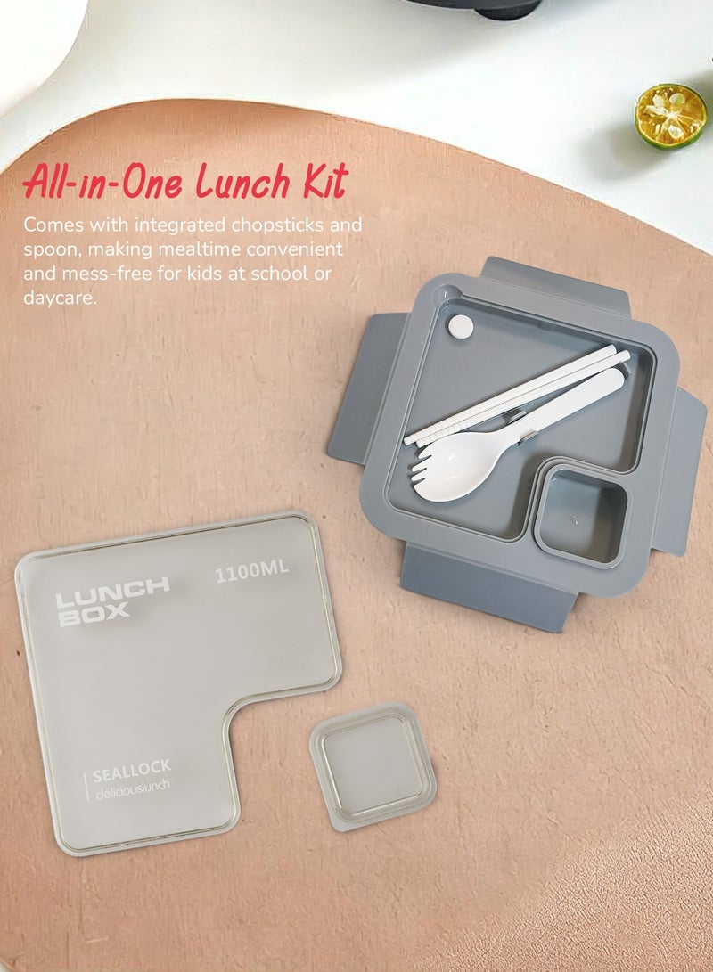 BAYBEE 1100 ML Kids Lunch Box for Adults With 2 in 1 Spoon & Chopsticks | 2 Compartment Leak Proof Tiffin Box for School, College & Office | Bento Box for Kids | Adults Lunch Box for Kids Grey - Image 5