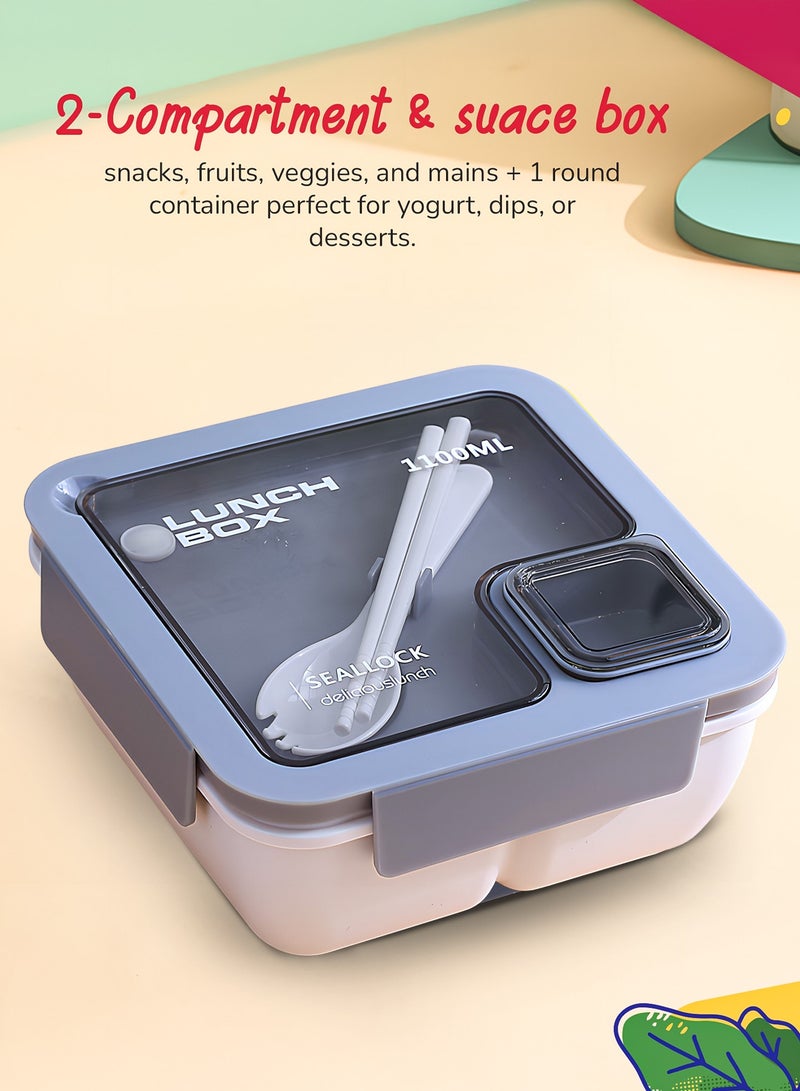 BAYBEE 1100 ML Kids Lunch Box for Adults With 2 in 1 Spoon & Chopsticks | 2 Compartment Leak Proof Tiffin Box for School, College & Office | Bento Box for Kids | Adults Lunch Box for Kids Grey - Image 4