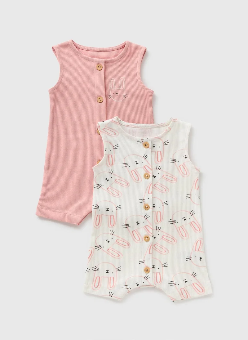 Matalan 2 Pack Baby Pink Bunny Ribbed Rompers