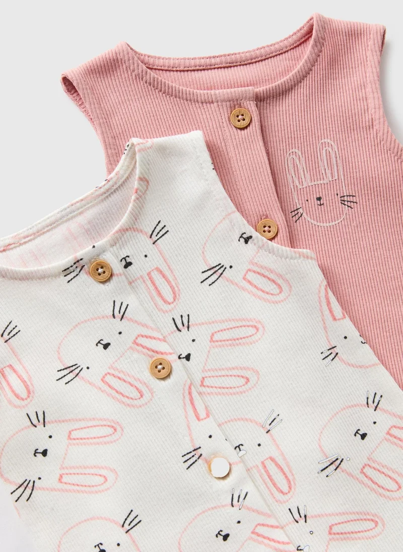 Matalan 2 Pack Baby Pink Bunny Ribbed Rompers