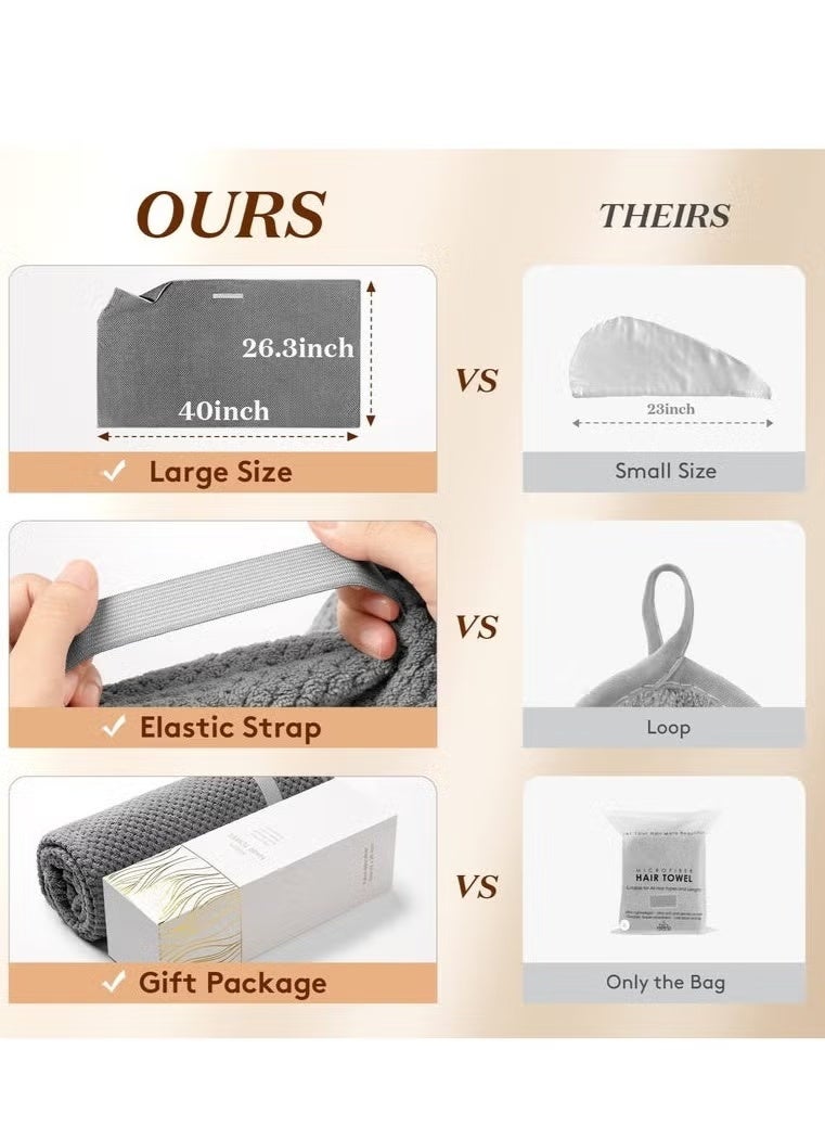 Microfiber Hair Towel Wrap for Women, Anti Frizz Hair Drying Towel with Elastic Strap, Super Absorbent Quick Dry Hair Turban for Drying Curly, Long, Thick Hair, Dark Gray - Image 3