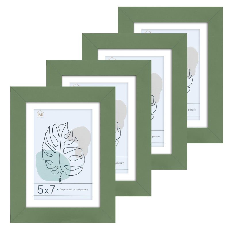 Muzilife 5x7 Wood Picture Frame Flat with Real Glass Cover, Green Photo Frame Display Pictures 4x6 with Mat or 5x7 Without Mat, Vertical & Horizontal on Wall or Tabletop, Set of 4 - Image 1