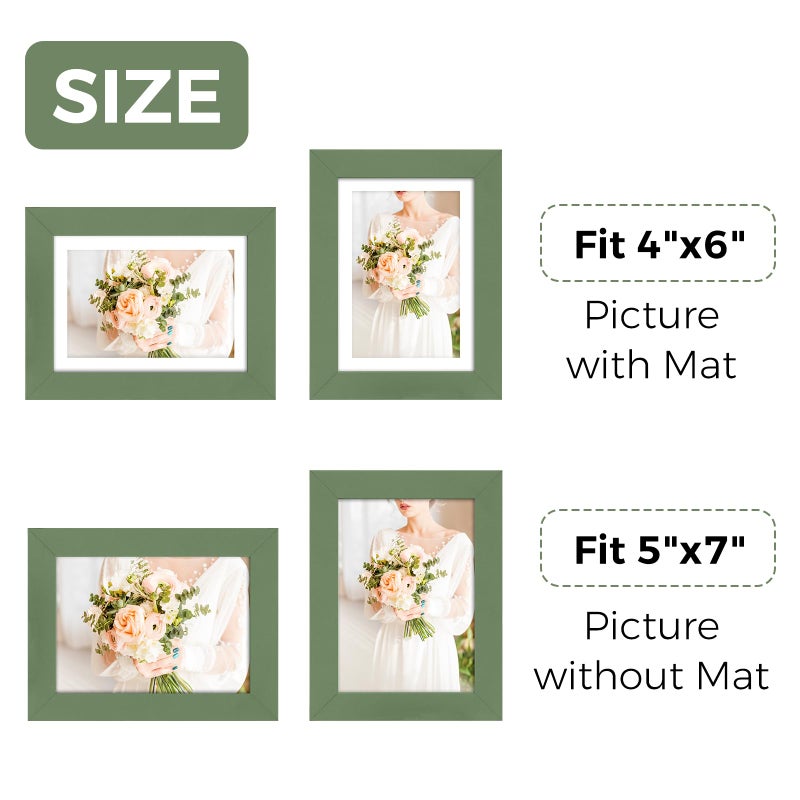 Muzilife 5x7 Wood Picture Frame Flat with Real Glass Cover, Green Photo Frame Display Pictures 4x6 with Mat or 5x7 Without Mat, Vertical & Horizontal on Wall or Tabletop, Set of 4 - Image 3