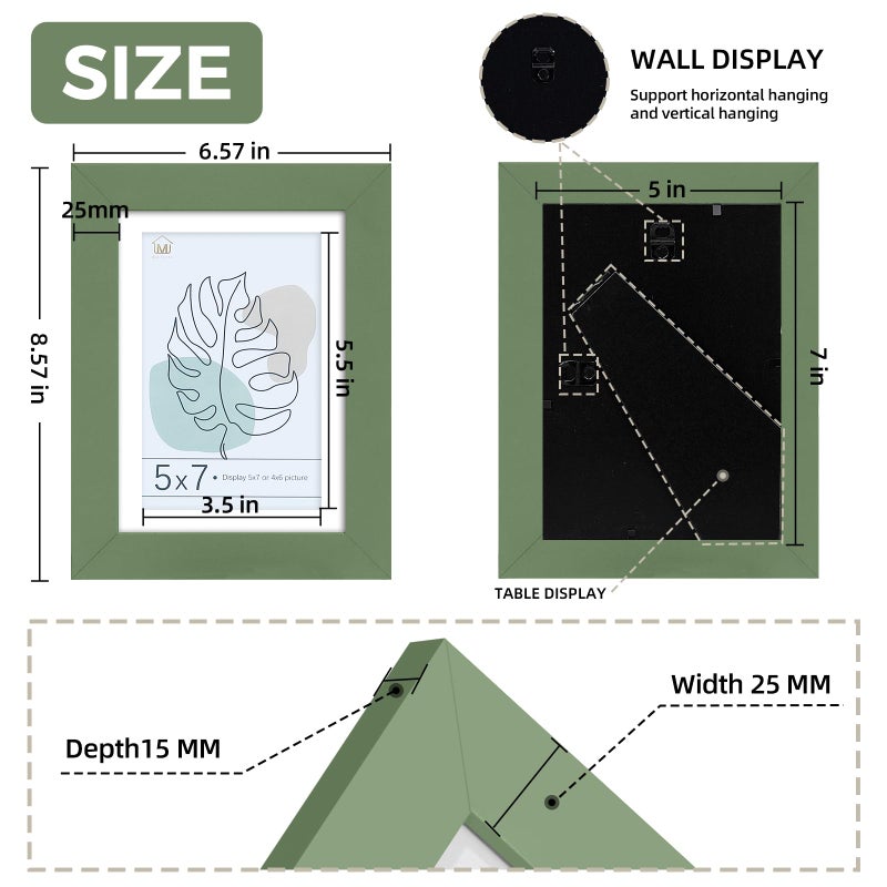 Muzilife 5x7 Wood Picture Frame Flat with Real Glass Cover, Green Photo Frame Display Pictures 4x6 with Mat or 5x7 Without Mat, Vertical & Horizontal on Wall or Tabletop, Set of 4 - Image 4