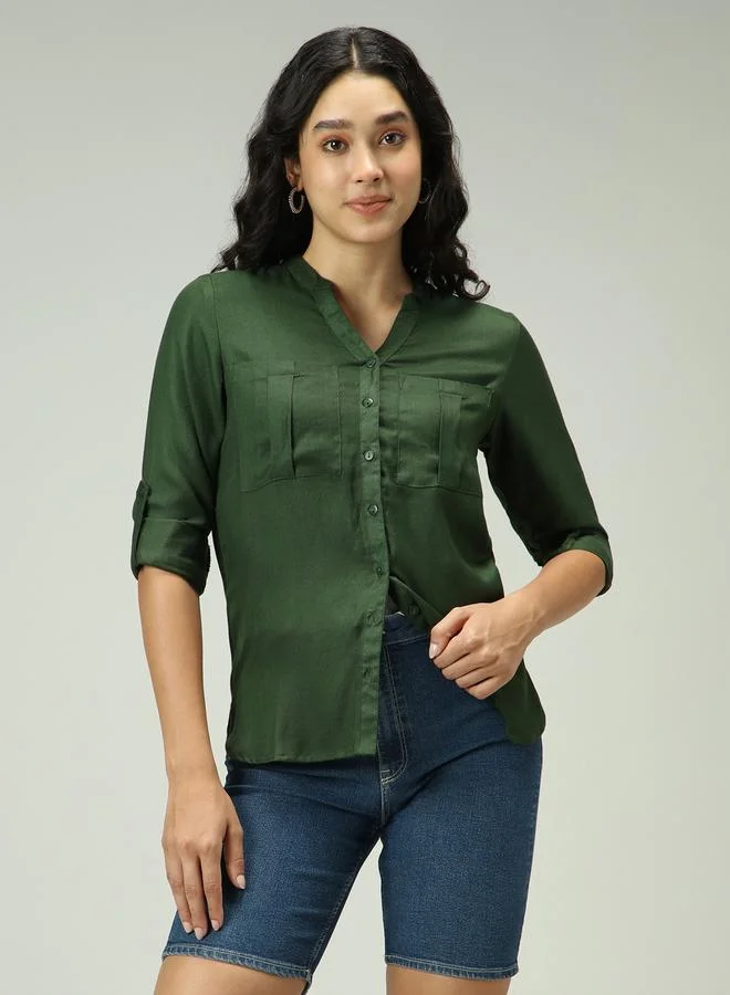 OUTZIDR Olive Solid Shirt with Roll-Up Sleeves