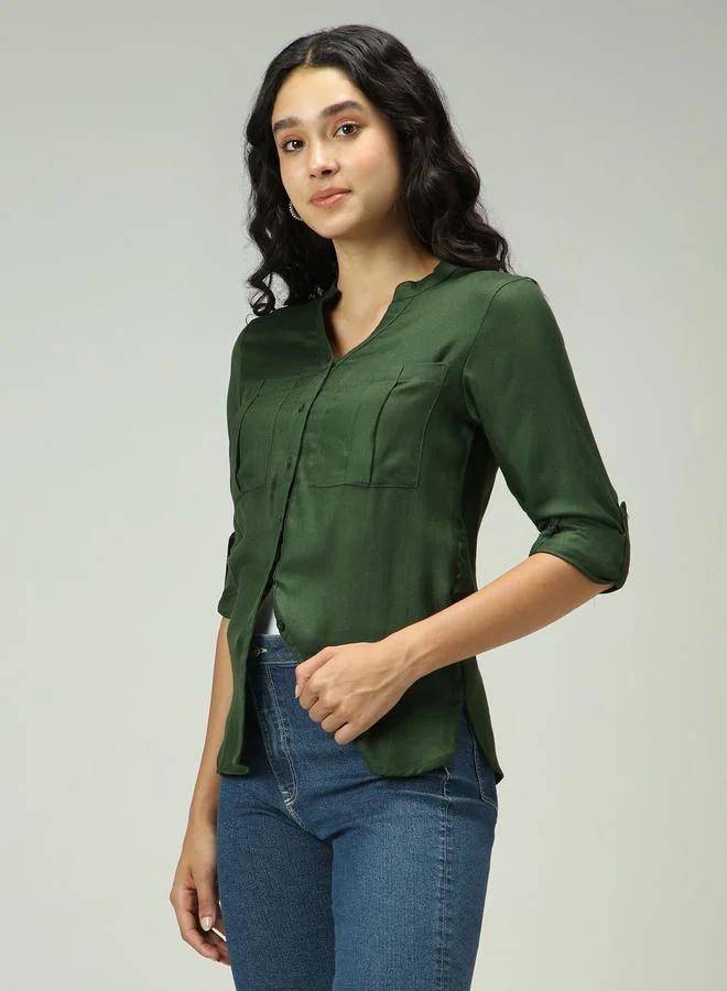 OUTZIDR Olive Solid Shirt with Roll-Up Sleeves