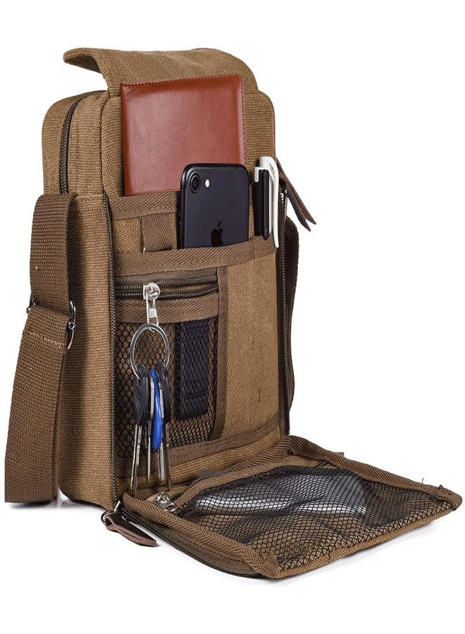 CAAORDKSO Small Messenger Bag for Men Women, Vintage Canvas Messenger Shoulder Bag Travel Crossbody Bag Multi Pocket Purses, Coffee, S, Vintage Style - Image 1