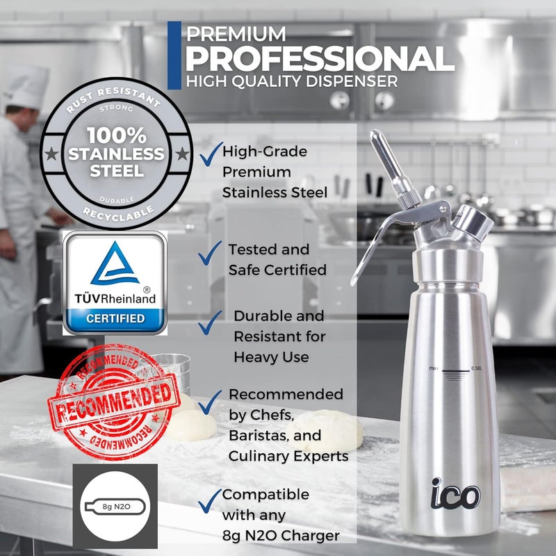 ICO 0.5 L (1 Pint) Professional Stainless Steel Whipped Cream Dispenser for Homemade Whipping Cream, Whipped Cream Dispenser for Desserts, Dips, Sauces, and Infused Oils & Liquors - Image 2
