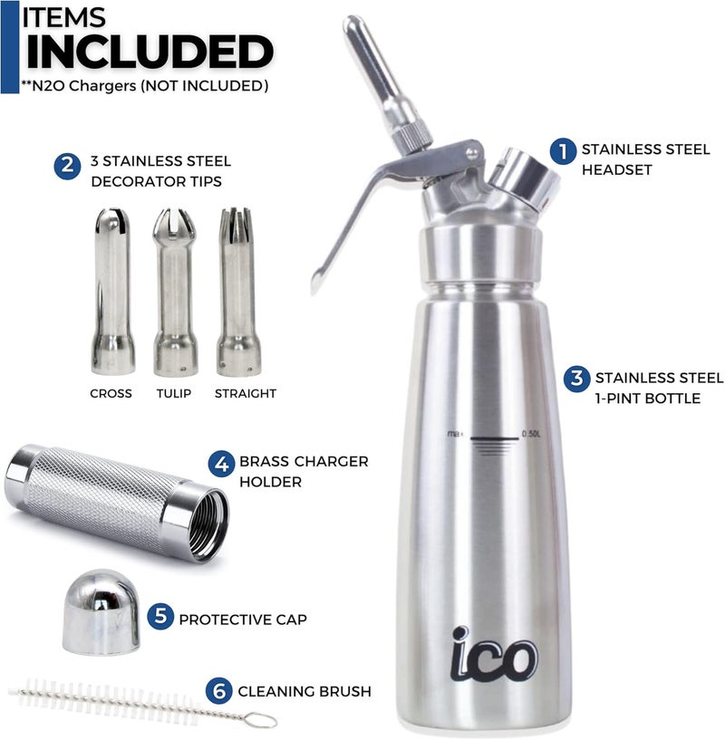 ICO 0.5 L (1 Pint) Professional Stainless Steel Whipped Cream Dispenser for Homemade Whipping Cream, Whipped Cream Dispenser for Desserts, Dips, Sauces, and Infused Oils & Liquors - Image 3