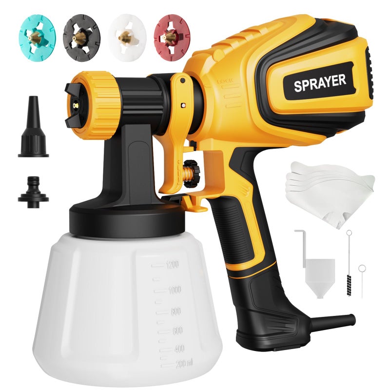 VONFORN Paint Sprayer, 700W HVLP Spray Gun with Cleaning & Blowing Joints, 4 Nozzles and 3 Patterns, Easy to Clean, for Furniture, Cabinets, Fence, Walls, Door, Garden Chairs etc. VF803 Yellow - Image 1