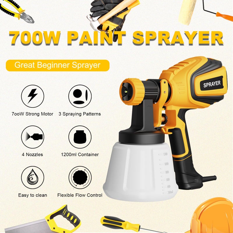 VONFORN Paint Sprayer, 700W HVLP Spray Gun with Cleaning & Blowing Joints, 4 Nozzles and 3 Patterns, Easy to Clean, for Furniture, Cabinets, Fence, Walls, Door, Garden Chairs etc. VF803 Yellow - Image 2