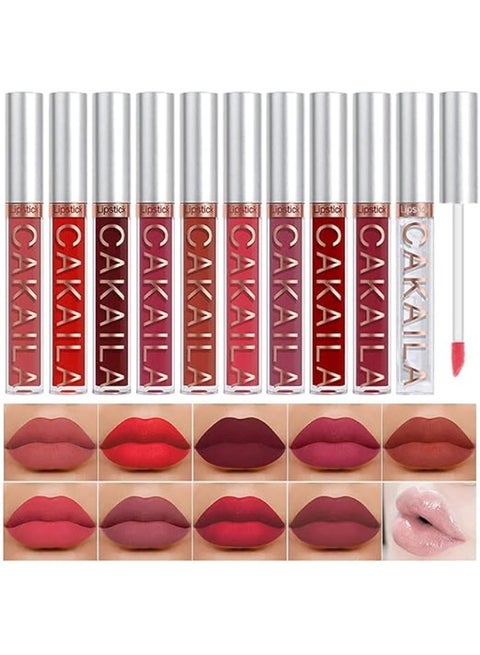 مجموعة أحمر شفاه سائل مطفي من CAKAILA – 10 ألوان ثابتة حتى 24 ساعة – مقاوم للماء والتلطخ – تركيبة مرطبة غير مجففة
