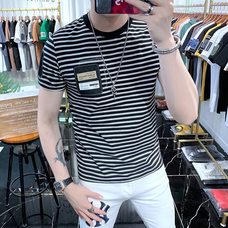 Striped Short-sleeved T-shirt Men's Round Neck Slim-fit Fashionable 2023 Summer New Arrival Men's Half-sleeved T-shirt All-match Handsome - Image 1
