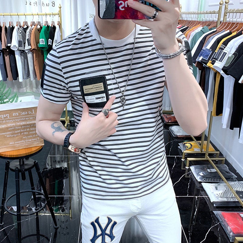 Striped Short-sleeved T-shirt Men's Round Neck Slim-fit Fashionable 2023 Summer New Arrival Men's Half-sleeved T-shirt All-match Handsome - Image 5
