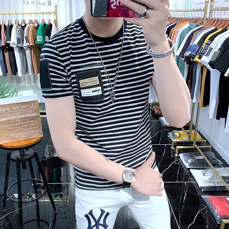 Striped Short-sleeved T-shirt Men's Round Neck Slim-fit Fashionable 2023 Summer New Arrival Men's Half-sleeved T-shirt All-match Handsome - Image 4