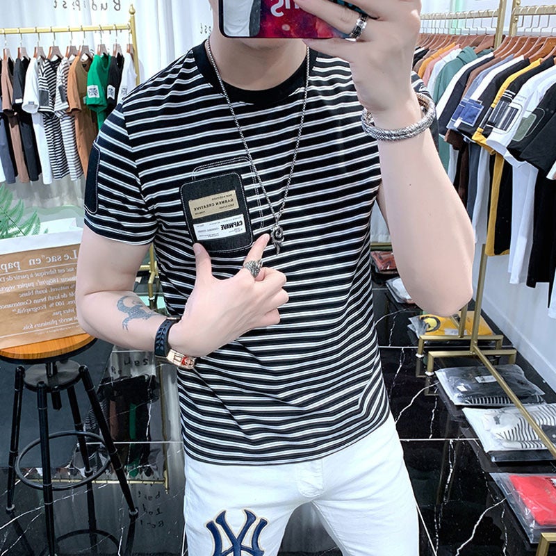 Striped Short-sleeved T-shirt Men's Round Neck Slim-fit Fashionable 2023 Summer New Arrival Men's Half-sleeved T-shirt All-match Handsome - Image 3