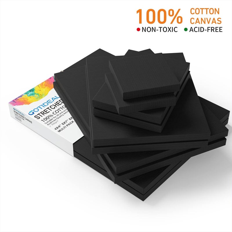 GOTIDEAL مجموعة GOTIDEAL من 10 قطع قماش أسود مشدود للرسم، متعددة الأحجام 4x4"، 5x7"، 8x10"، 9x12"، 11x14"، مجموعة من 10، قماش قطن 100% مهيأ للفنانين للرسم، صب الأكريليك، فن الطلاء بالزيت - Image 3