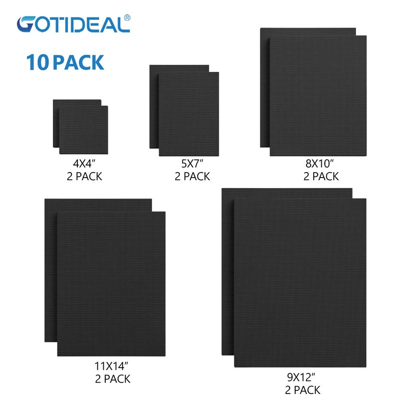 GOTIDEAL مجموعة GOTIDEAL من 10 قطع قماش أسود مشدود للرسم، متعددة الأحجام 4x4"، 5x7"، 8x10"، 9x12"، 11x14"، مجموعة من 10، قماش قطن 100% مهيأ للفنانين للرسم، صب الأكريليك، فن الطلاء بالزيت - Image 2