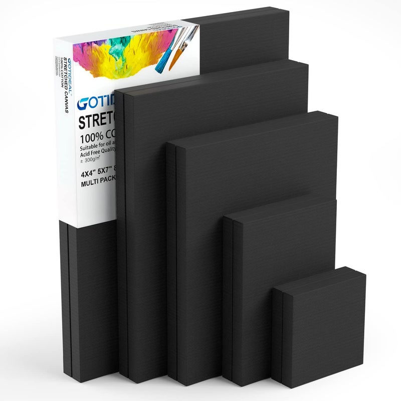 GOTIDEAL مجموعة GOTIDEAL من 10 قطع قماش أسود مشدود للرسم، متعددة الأحجام 4x4"، 5x7"، 8x10"، 9x12"، 11x14"، مجموعة من 10، قماش قطن 100% مهيأ للفنانين للرسم، صب الأكريليك، فن الطلاء بالزيت - Image 1