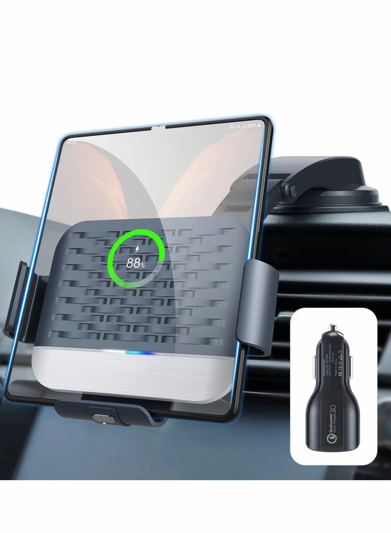 Fast Wireless Car Charger for Samsung Galaxy Z Fold 4/3/2 - Dual Coils, Auto-Clamping Air Vent & Dashboard Mount - Image 1