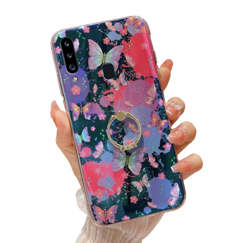 Easyscen for Galaxy A20S Case 65inch Girls Women Cute Floral Shockproof Protective Cover with Gold Ring Stand Colorful Butterfly Flower Phone Case for Samsung Galaxy A20S - Image 3