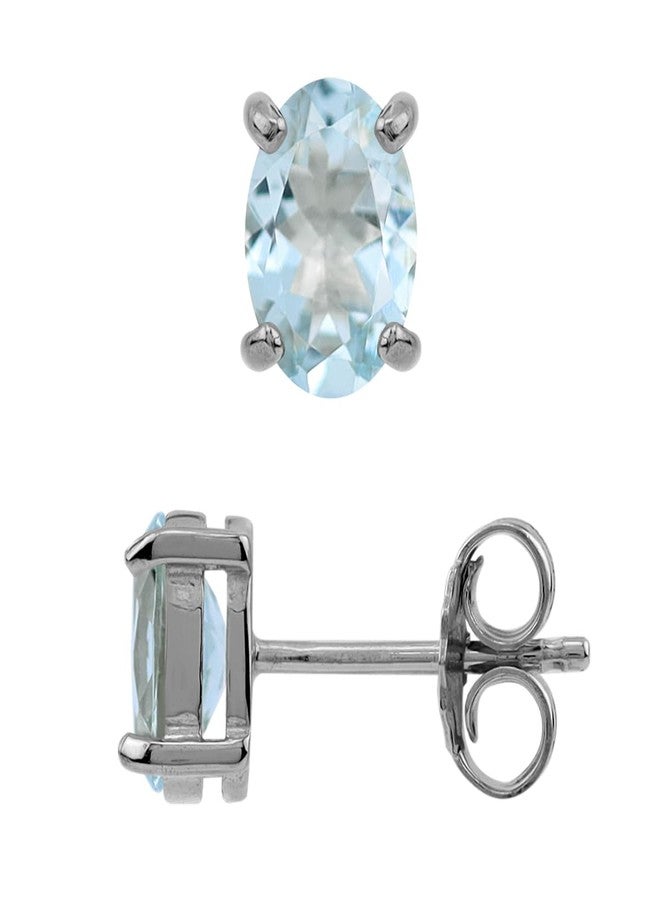 Silvershake 1.32ct. 7X5mm Genuine Oval Shape Blue Aquamarine White Gold Plated 925 Sterling Silver Stud Earrings - Image 1