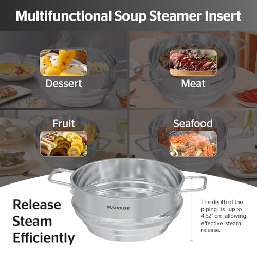 SUNHOUSE Stainless Steel Steamer Basket For Pot – 5 QT Universal Food & Vegetable Steamer Insert with Stay Cool Handles & Glass Lid – Fits Various Pot Sizes (8", 8.5", 9.5") - Image 4