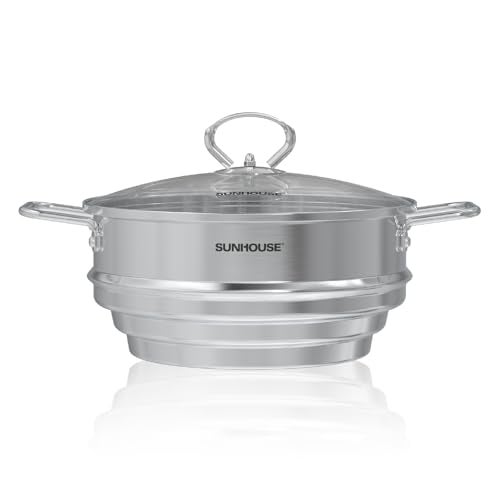 SUNHOUSE Stainless Steel Steamer Basket For Pot – 5 QT Universal Food & Vegetable Steamer Insert with Stay Cool Handles & Glass Lid – Fits Various Pot Sizes (8", 8.5", 9.5") - Image 1