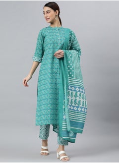 IndHeritage IndHeritage -  Eid kurti set collection - Premium cotton 3pc kurti set - Turquoise colour women's 3pc kurti / kurta  set with green & white floral design, green & white colour pants & dupatta - Indian Kurti Set IDH00039  - Image 1