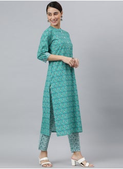 IndHeritage IndHeritage -  Eid kurti set collection - Premium cotton 3pc kurti set - Turquoise colour women's 3pc kurti / kurta  set with green & white floral design, green & white colour pants & dupatta - Indian Kurti Set IDH00039  - Image 2