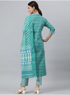 IndHeritage IndHeritage -  Eid kurti set collection - Premium cotton 3pc kurti set - Turquoise colour women's 3pc kurti / kurta  set with green & white floral design, green & white colour pants & dupatta - Indian Kurti Set IDH00039  - Image 4