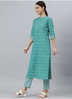 IndHeritage IndHeritage -  Eid kurti set collection - Premium cotton 3pc kurti set - Turquoise colour women's 3pc kurti / kurta  set with green & white floral design, green & white colour pants & dupatta - Indian Kurti Set IDH00039  - Image 3