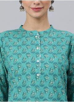 IndHeritage IndHeritage -  Eid kurti set collection - Premium cotton 3pc kurti set - Turquoise colour women's 3pc kurti / kurta  set with green & white floral design, green & white colour pants & dupatta - Indian Kurti Set IDH00039  - Image 5