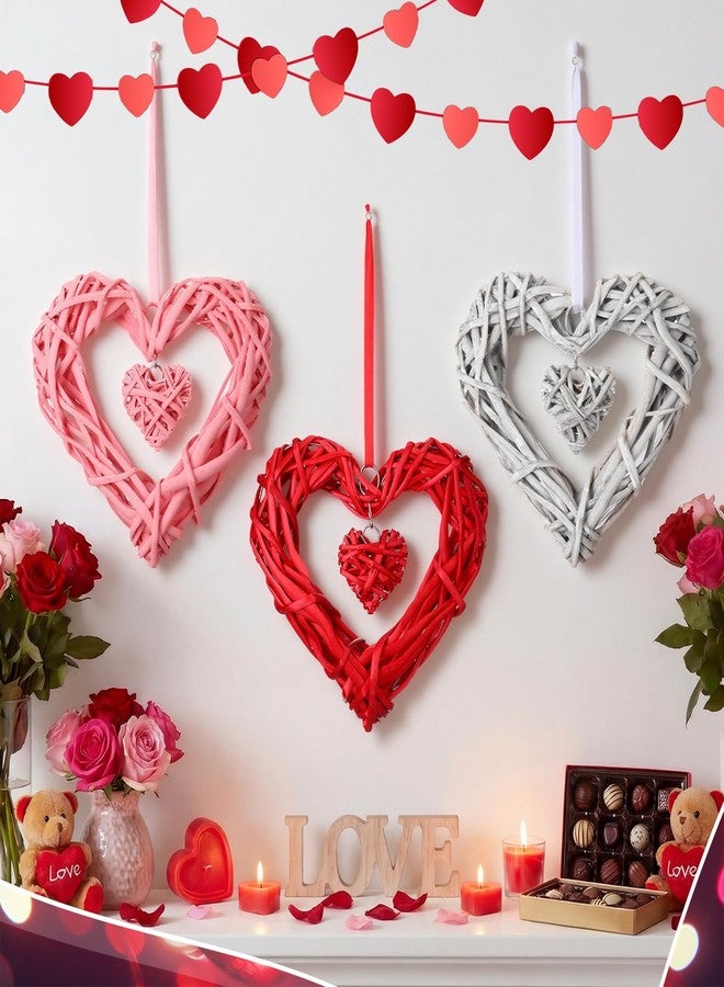 Amyhill 3 Pcs Valentine's Day Rattan Hearts Themed Hanging Decor Heart Shape Wicker Wreath Rustic White Pink Red Ornament for Weddings Holiday Party Home Decoration Wall Front Door Display - Image 3
